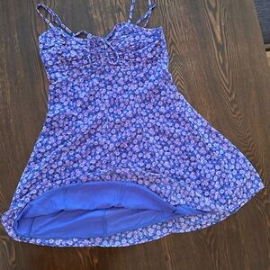 Aeropostale Blue and Pink Floral Sweetheart Cinched-Tie Mini Dress Womens S